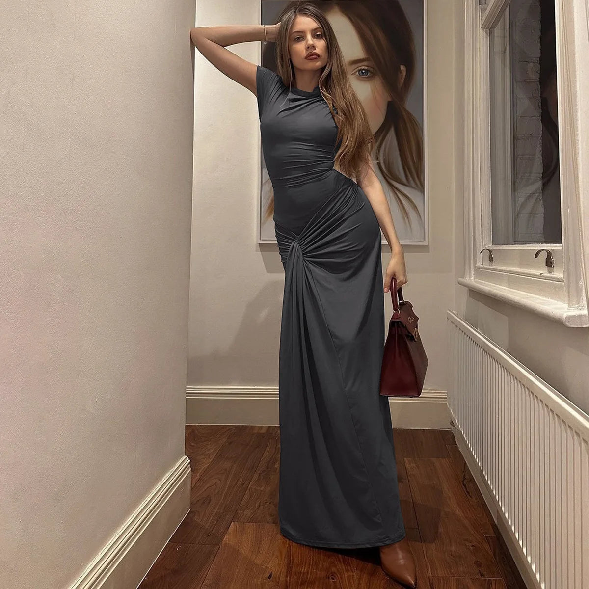 Vintage Short Sleeve Pleated Maxi  High Waist O-Neck Dress