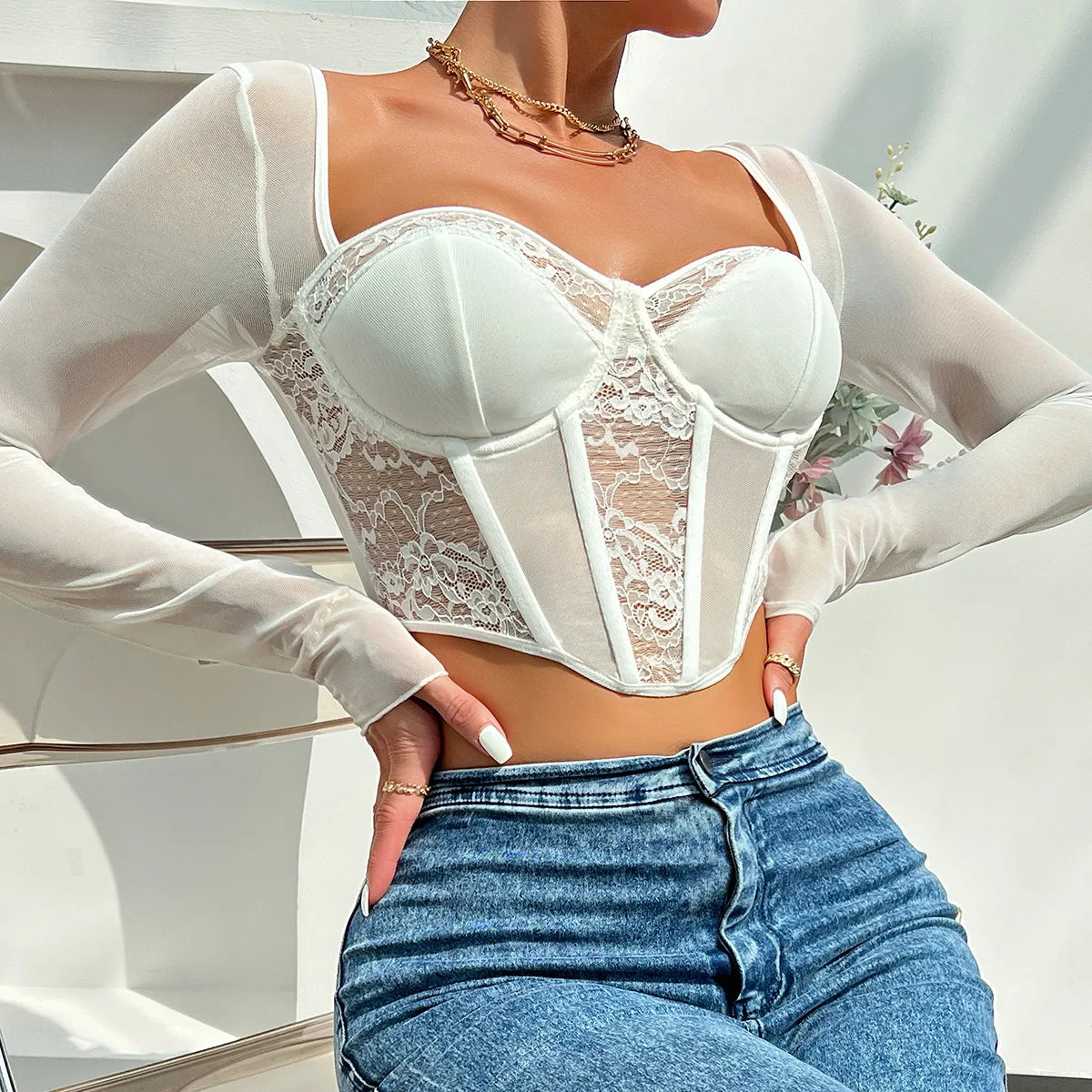 Sexy Lace Mesh Corset Top With Long Sleeves And Square Neck
