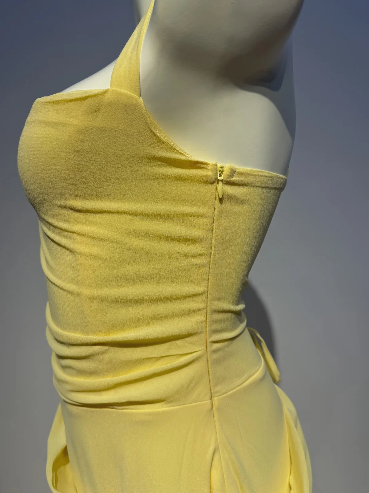 Yellow Chiffon Ruffled Halter Backless Dress