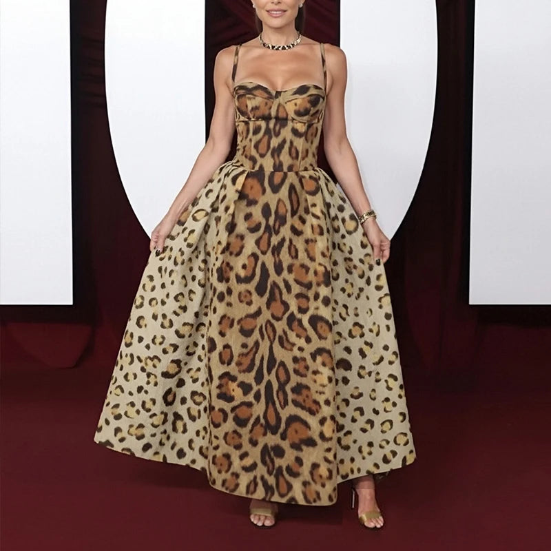 Sultry Leopard Backless Spaghetti Strap Evening Dress
