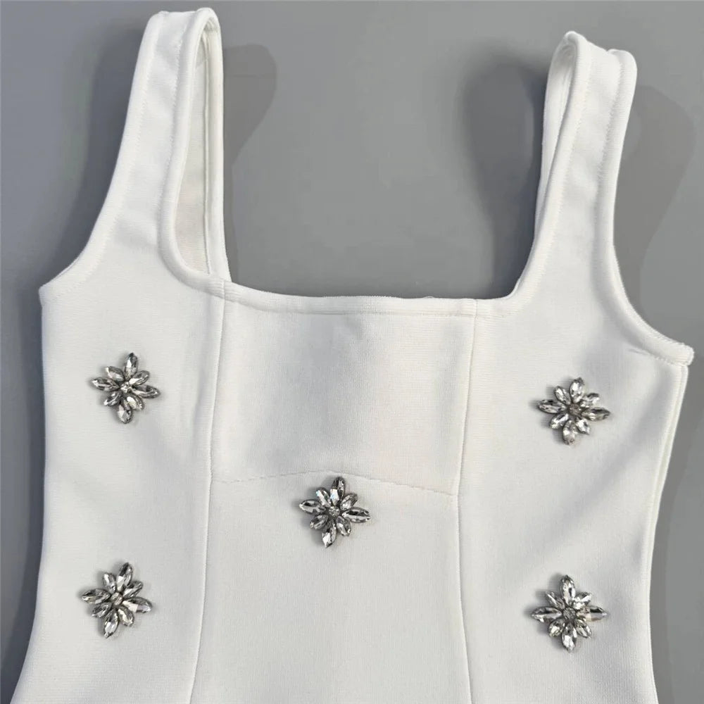 Glamorous Sleeveless Bandage Dress With Rhinestones And Ruffles For Evening Parties