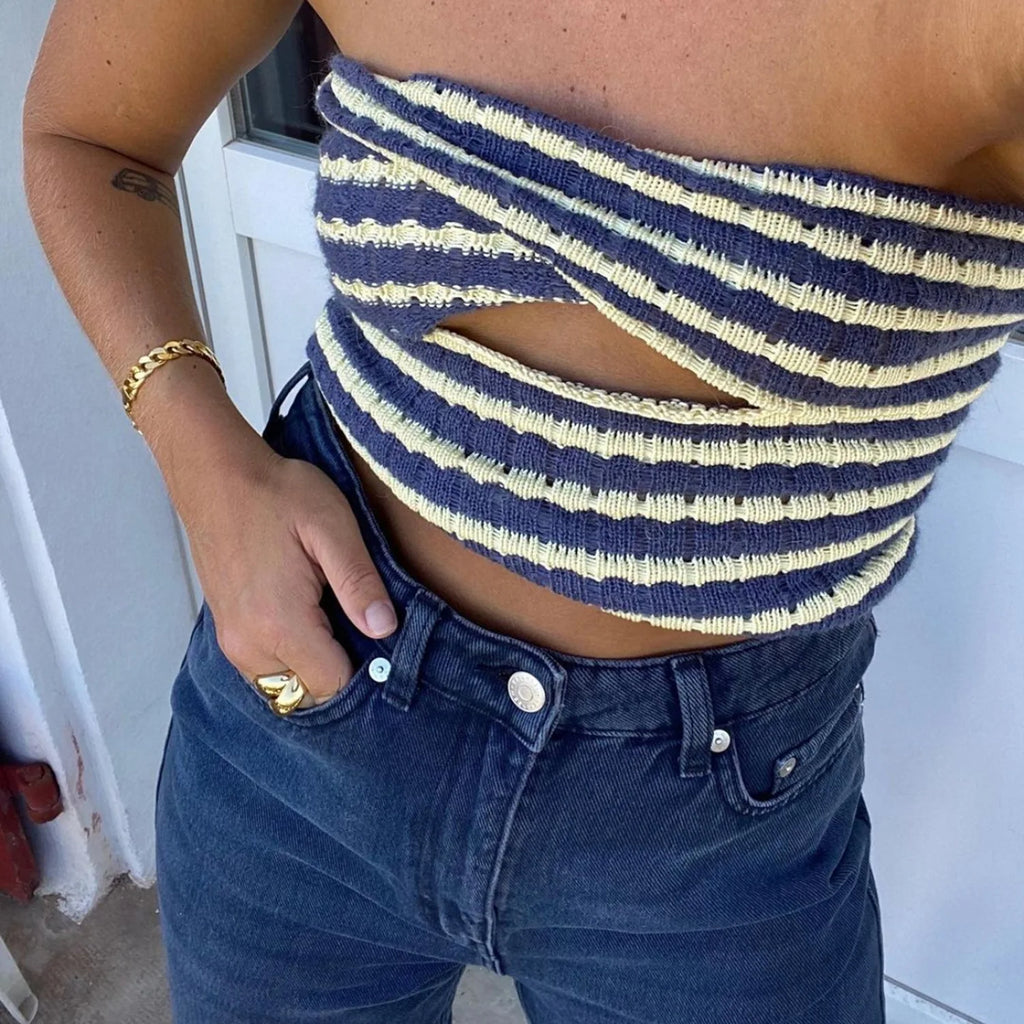 Off Shoulder Knit Tube Top With Stripe Backless Bustier Cropped