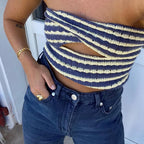 Off Shoulder Knit Tube Top With Stripe Backless Bustier Cropped