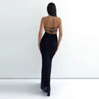 Backless Floral Bustier Maxi Dress With Lace Up Back And Cinched Waist
