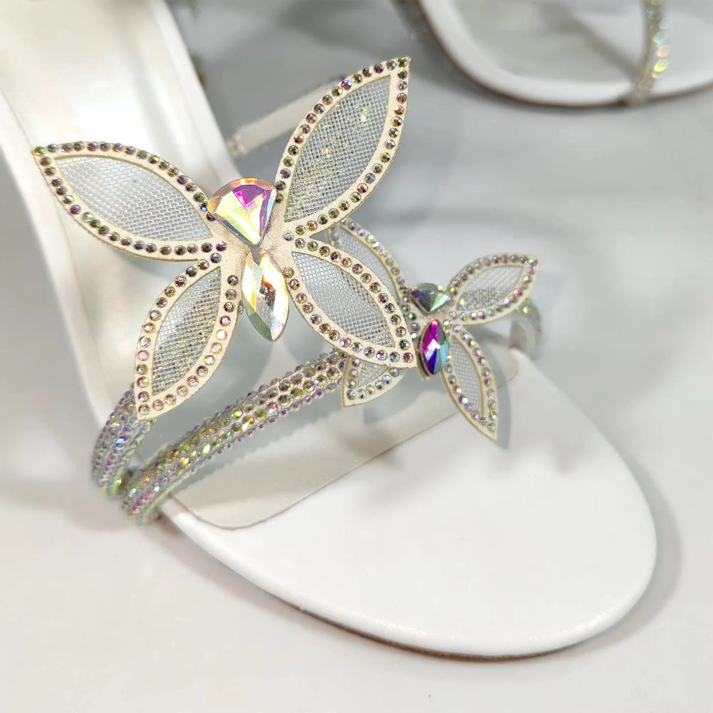 Crystal Butterfly-Knot Ankle Strap Sandals Open Toe Stiletto Heels