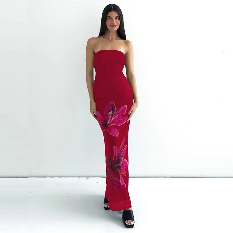 Backless Floral Bustier Maxi Dress With Lace Up Back And Cinched Waist