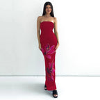 Backless Floral Bustier Maxi Dress With Lace Up Back And Cinched Waist