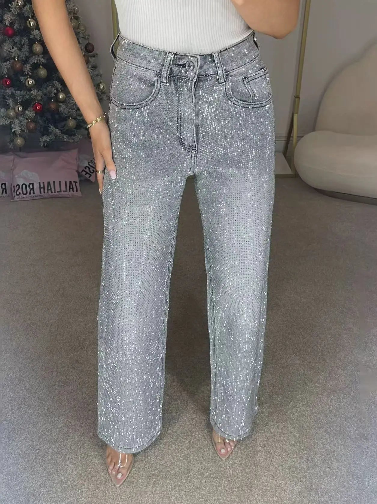 Vintage Beaded Denim Pants With High Waist And Straight Leg