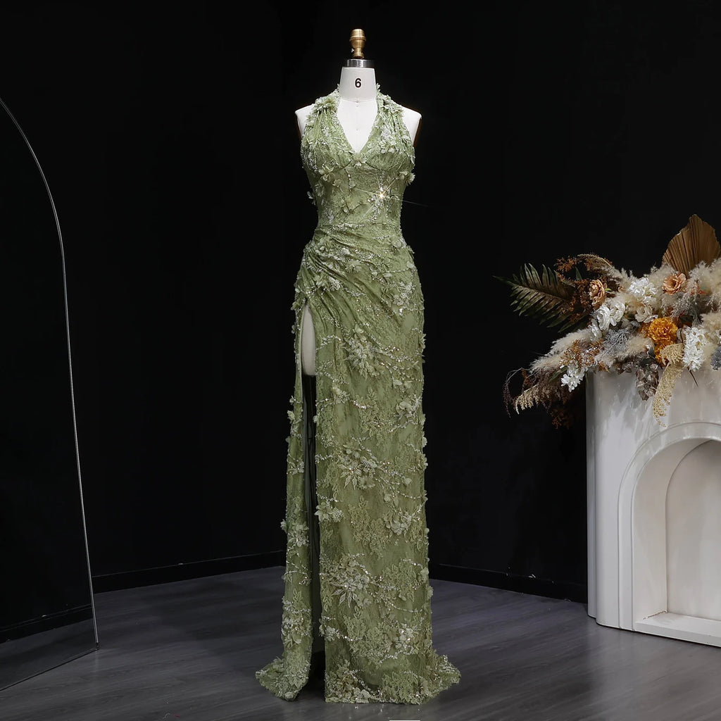 Midnight Bloom Halter Mermaid Evening Dress With Deep V Neck And 3D Floral Sequin Gown