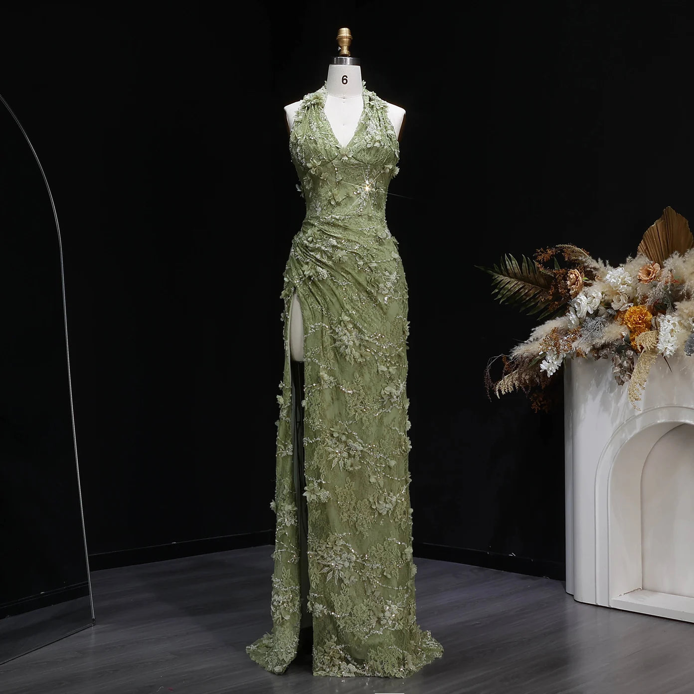 Midnight Bloom Halter Mermaid Evening Dress With Deep V Neck And 3D Floral Sequin Gown