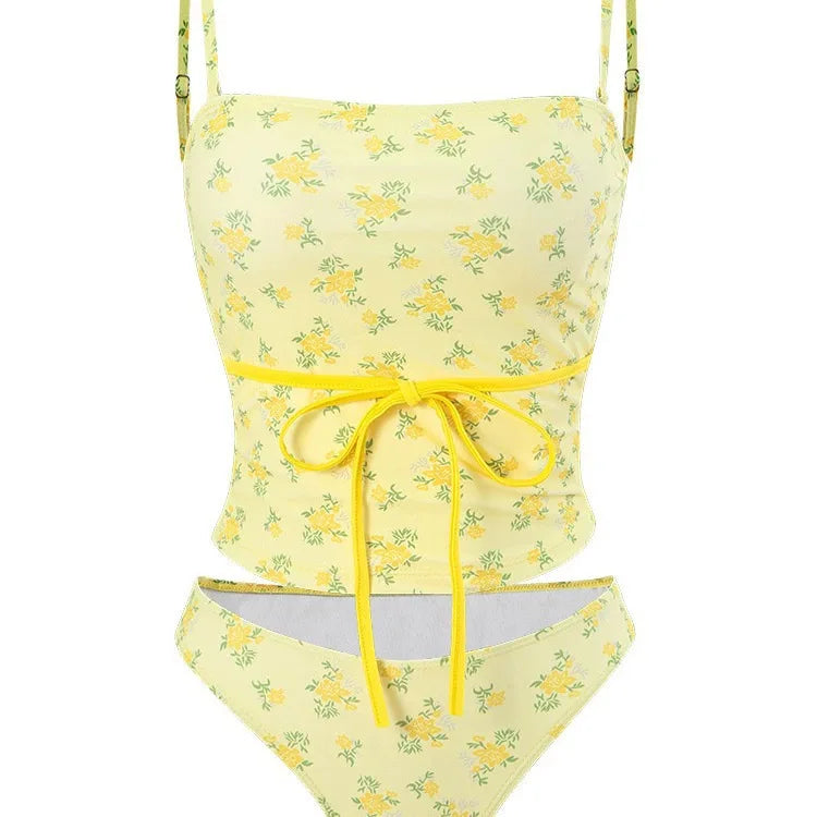Retro Tie Dye Tube Top Bikini Set With Floral Back Split For Sunny Summer Beach Vibes