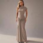 Vintage Short Sleeve Pleated Maxi  High Waist O-Neck Dress