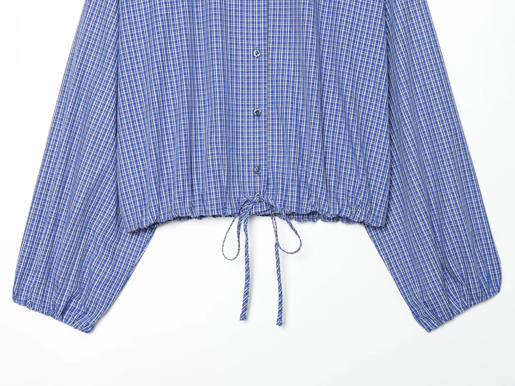 Plaid Puff Sleeve Long Sleeve Shirt With Stand Collar And Drawstring Hem