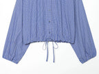 Plaid Puff Sleeve Long Sleeve Shirt With Stand Collar And Drawstring Hem
