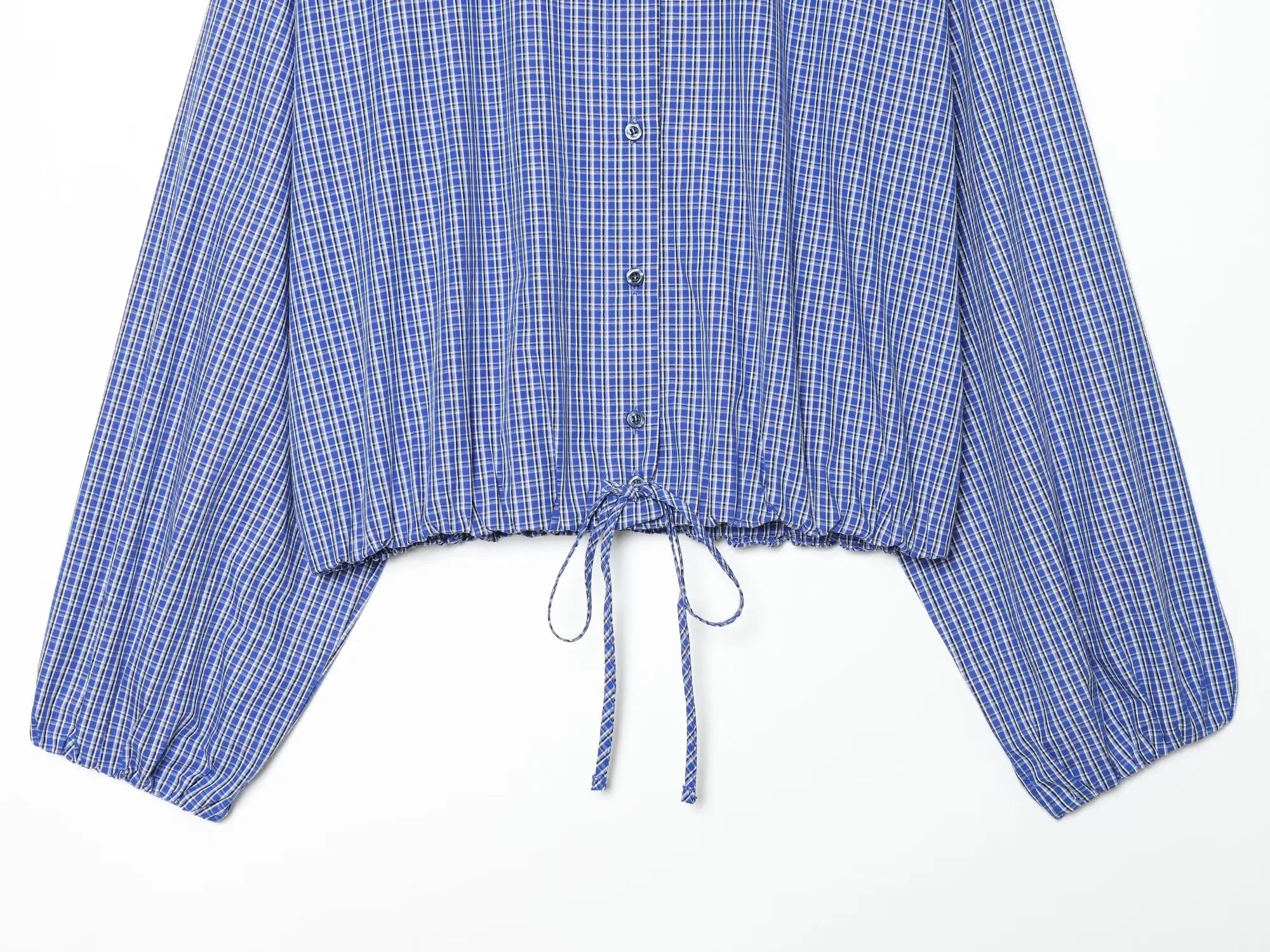 Plaid Puff Sleeve Long Sleeve Shirt With Stand Collar And Drawstring Hem