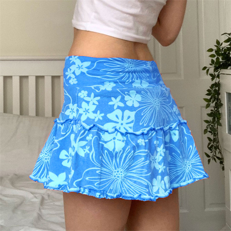 Ruffles A-Line Mini Skirt With Floral Print High Waist Frill Trim Above Knee
