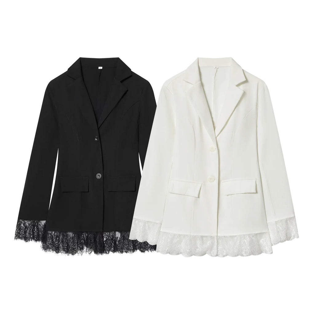 Lace Waist-Cinching Blazer Coat For Women Vintage Long Sleeve Outerwear Elegant Femme