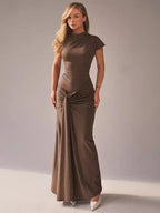 Vintage Short Sleeve Pleated Maxi  High Waist O-Neck Dress