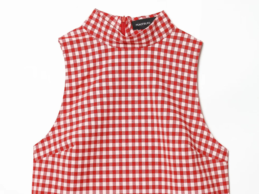 Plaid Sleeveless High-Neck Vest and Retro Mid-Waist Trousers Set in Breathable Anti-Wrinkle Fabric