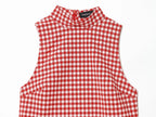 Plaid Sleeveless High-Neck Vest and Retro Mid-Waist Trousers Set in Breathable Anti-Wrinkle Fabric