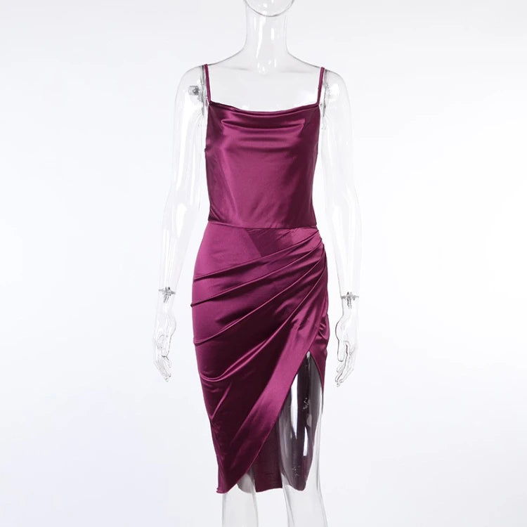 Elegant Satin Halter Dress Ruched High Slit Midi