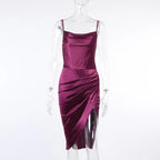 Elegant Satin Halter Dress Ruched High Slit Midi