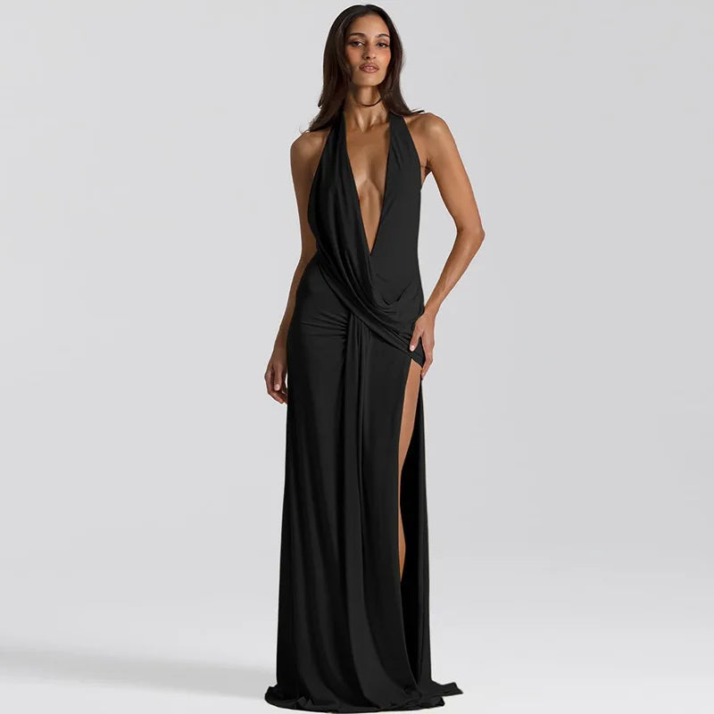 Women's Halter V-Neck Backless Maxi Party Dress