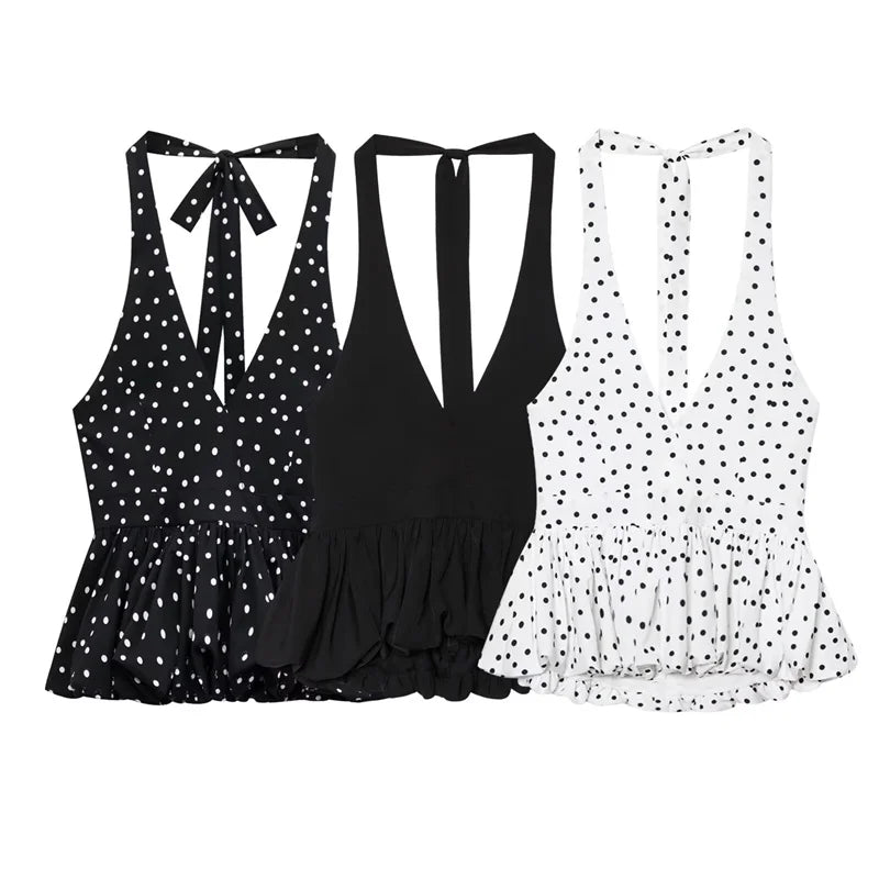 Polka Dot Halter Backless Tank Top Flirty Style