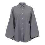 Black Lattice Plaid Oversized Shirt With Puff Sleeves
