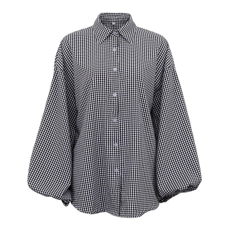 Black Lattice Plaid Oversized Shirt With Puff Sleeves