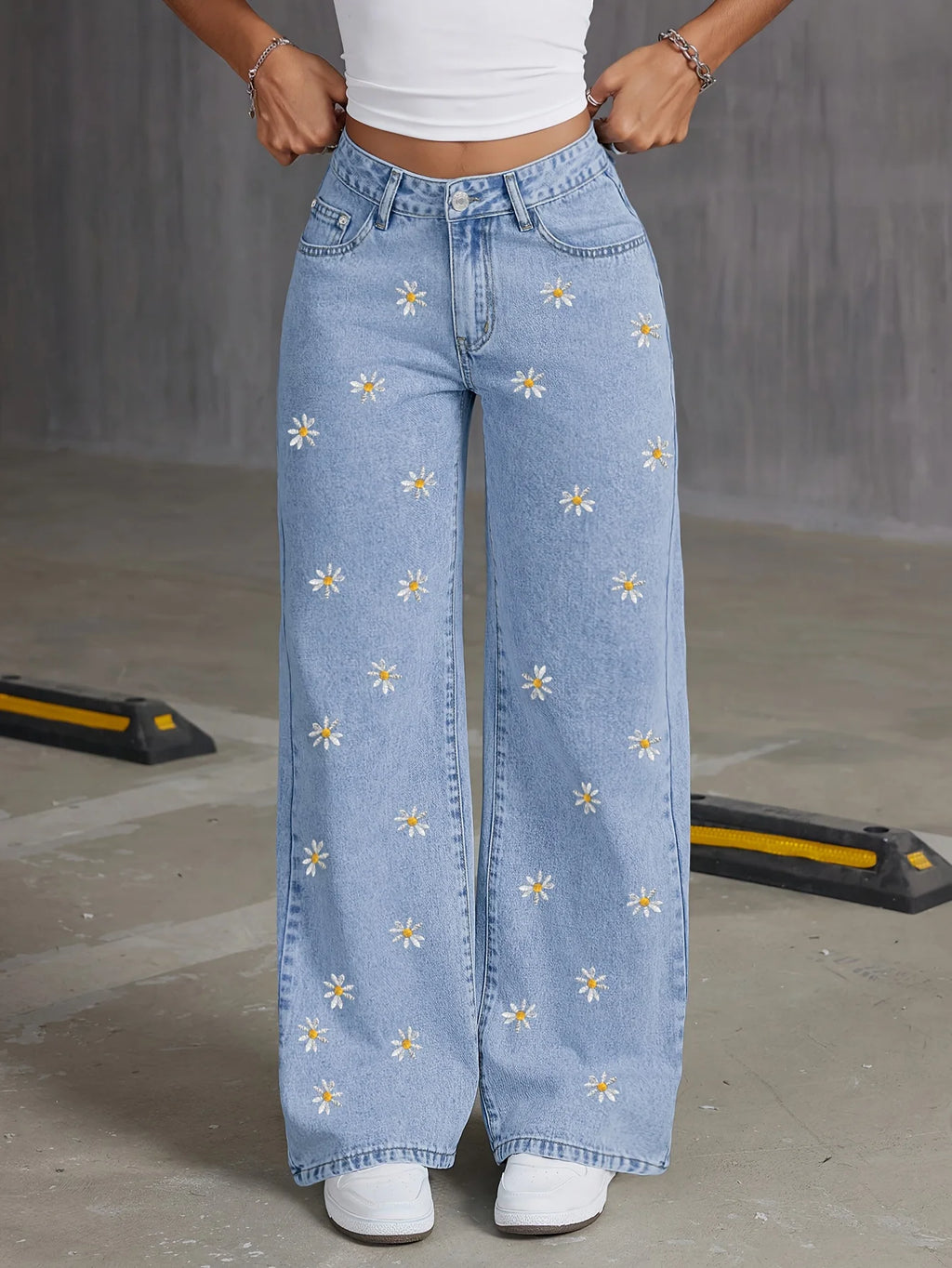 Retro Vintage Floral Embroidered Denim Wide Leg Jeans