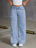 Retro Vintage Floral Embroidered Denim Wide Leg Jeans