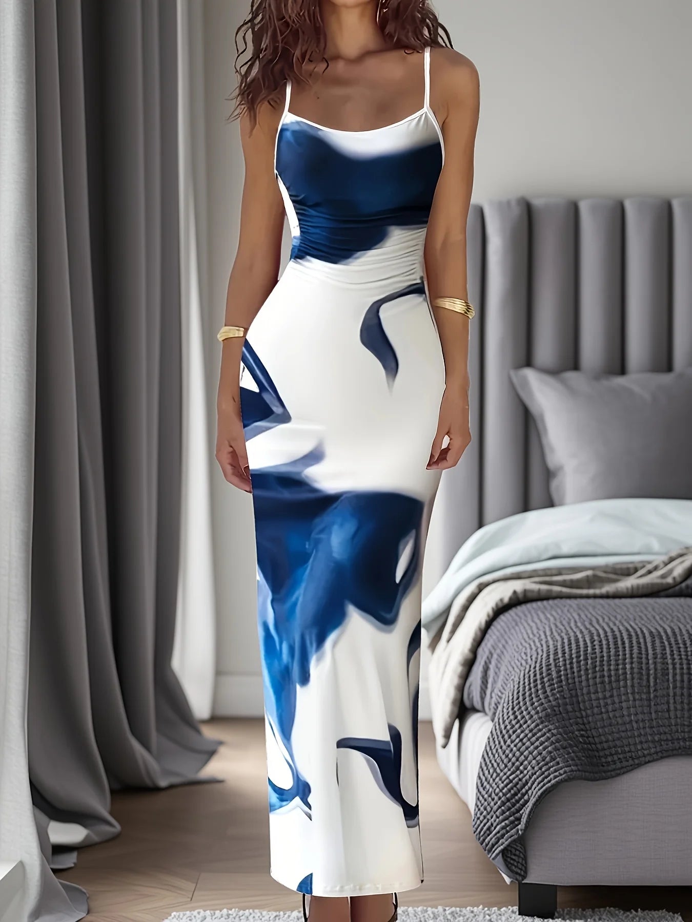 Floral Print Floor Length Dress With Low Cut Neckline Elegant Sling