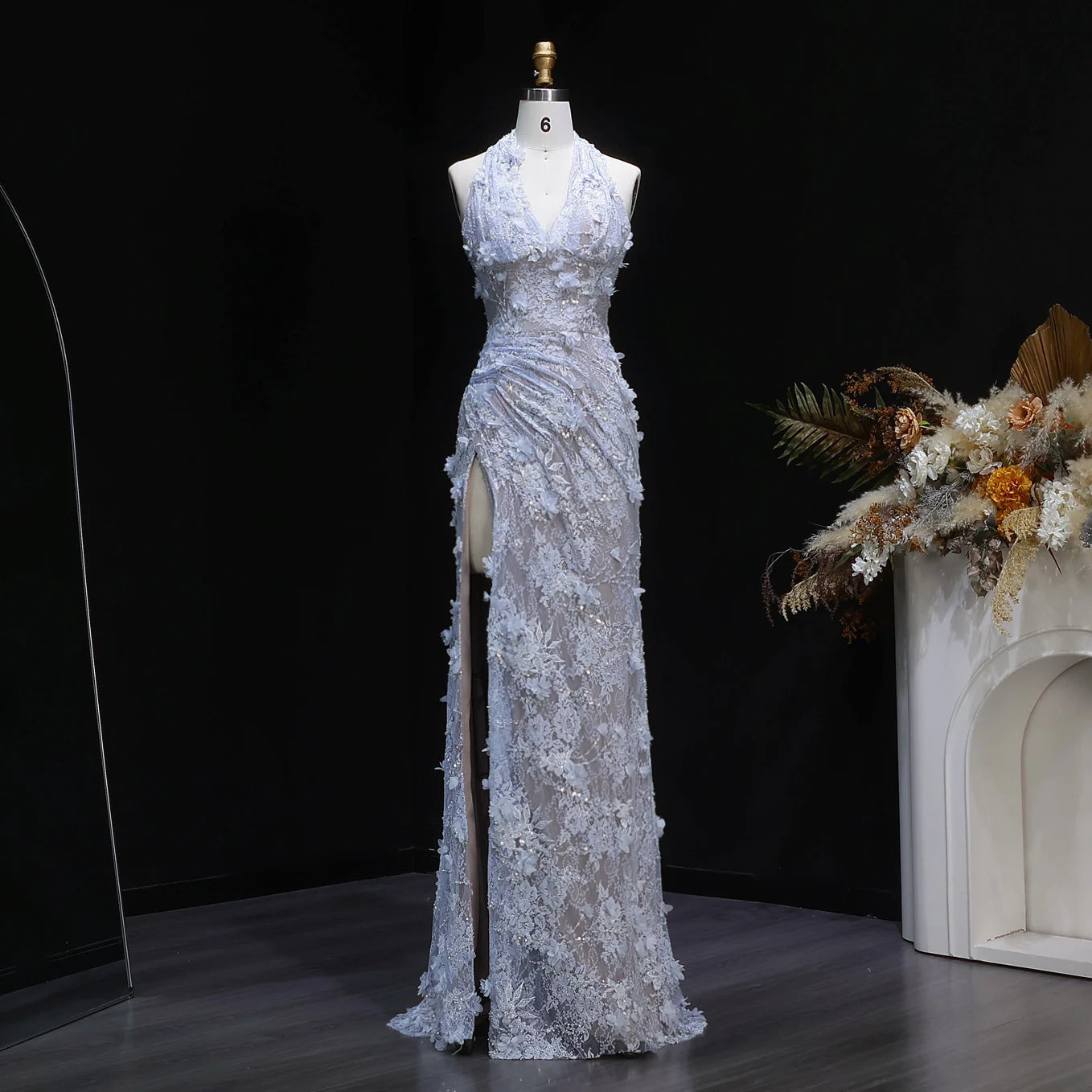 Midnight Bloom Halter Mermaid Evening Dress With Deep V Neck And 3D Floral Sequin Gown