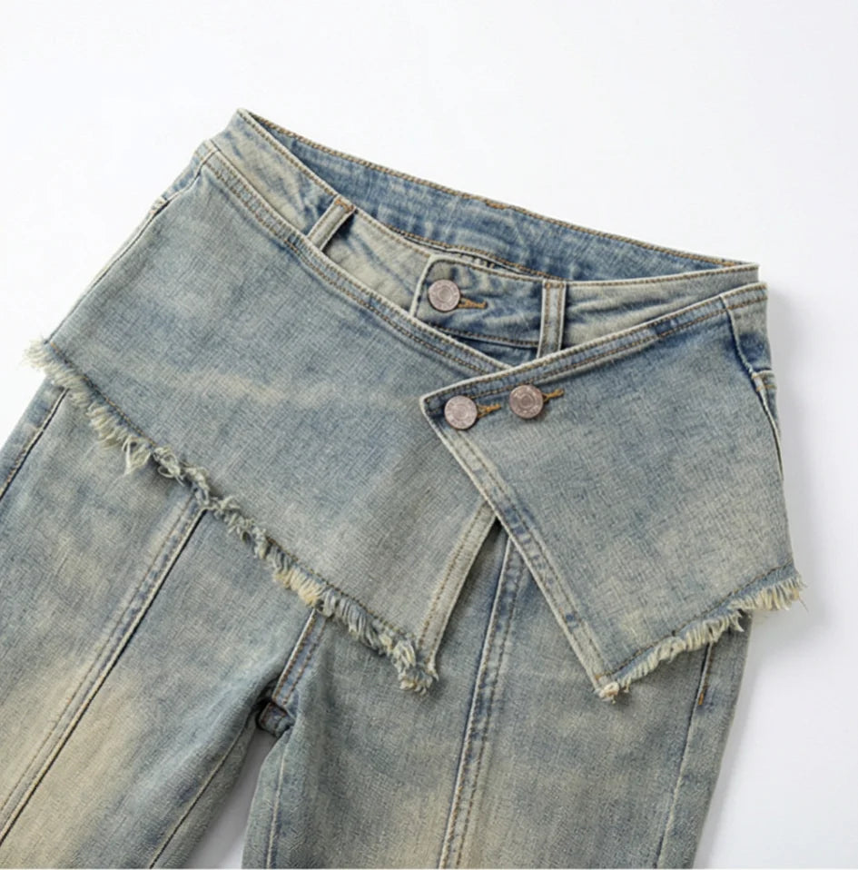 Vintage Denim Layered Skirt-Pants For Women Effortless Wide-Leg Jeans With Hip Hop Vibe