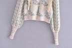 Front Wood Ears Ruffles Jacquard Cropped Sweater Vintage O neck Puff Sleeve Pullovers Short Jumper Knitwear