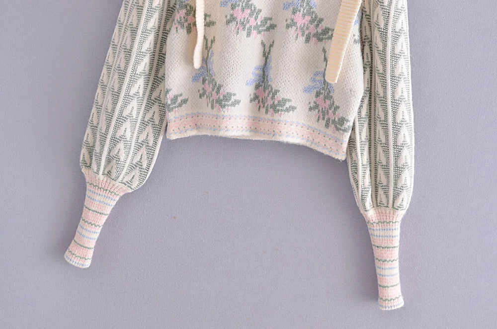 Front Wood Ears Ruffles Jacquard Cropped Sweater Vintage O neck Puff Sleeve Pullovers Short Jumper Knitwear