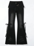 Vintage Denim Layered Skirt-Pants For Women Effortless Wide-Leg Jeans With Hip Hop Vibe