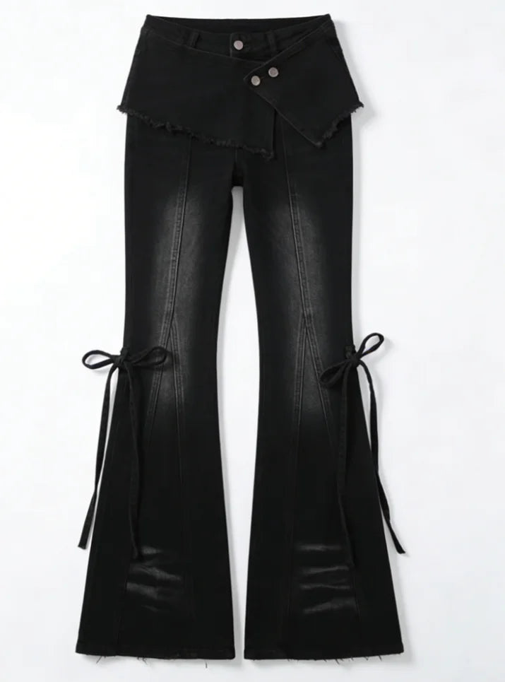 Vintage Denim Layered Skirt-Pants For Women Effortless Wide-Leg Jeans With Hip Hop Vibe
