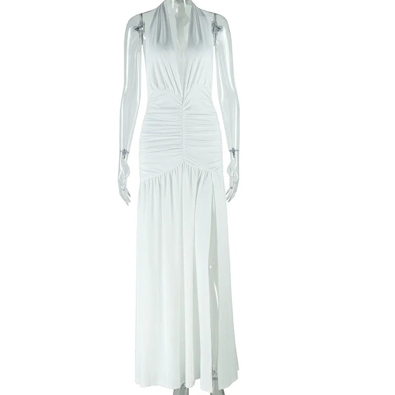 Lace Up Maxi Dress With Deep V Neck High Waist