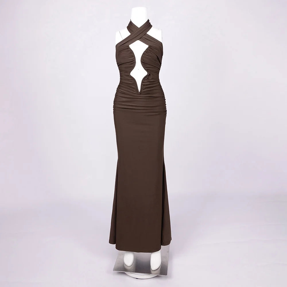Brown Hollow Out Halter Satin Maxi Dress