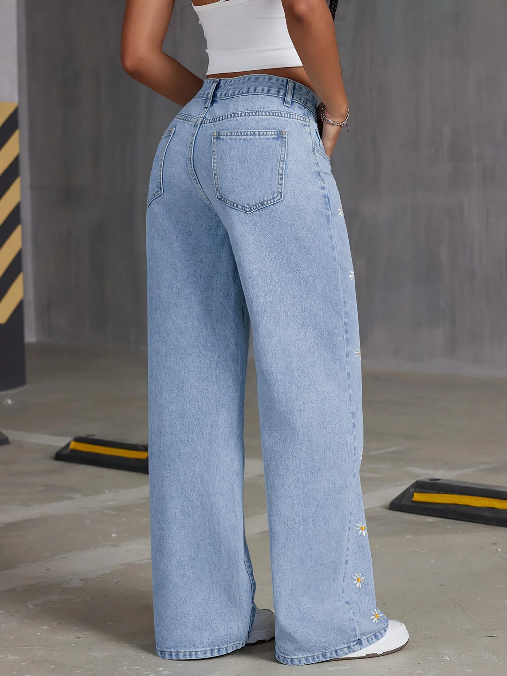 Retro Vintage Floral Embroidered Denim Wide Leg Jeans