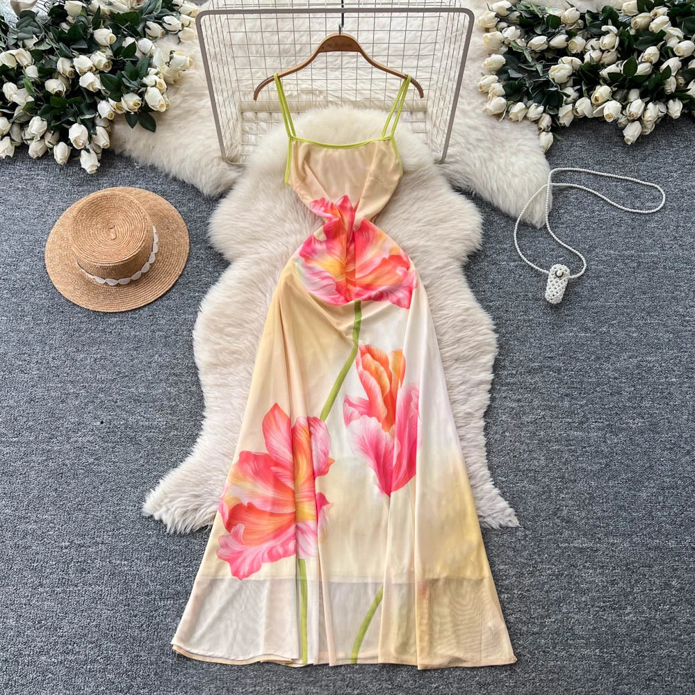 Dreamy Backless Printed Empire Mesh Maxi Dress