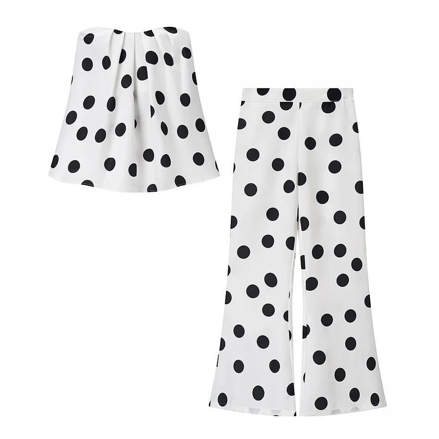 White Polka Dot Two Piece Set Vintage Strapless Top and Pants Women's Suit for Modern Glam