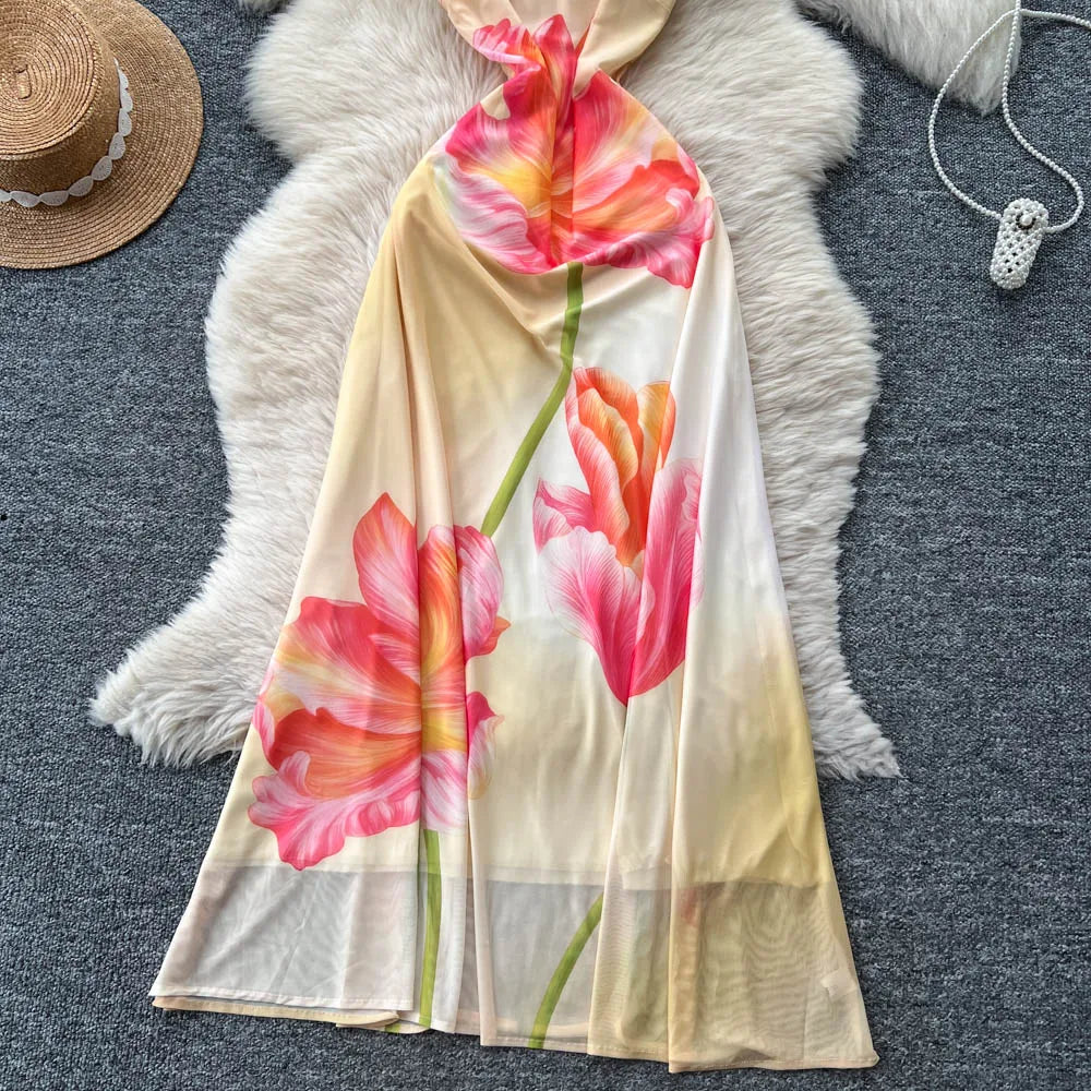 Dreamy Backless Printed Empire Mesh Maxi Dress