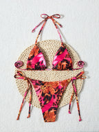 Playful Summer Neck Strap Two Piece Bikini Set With Graphic Print