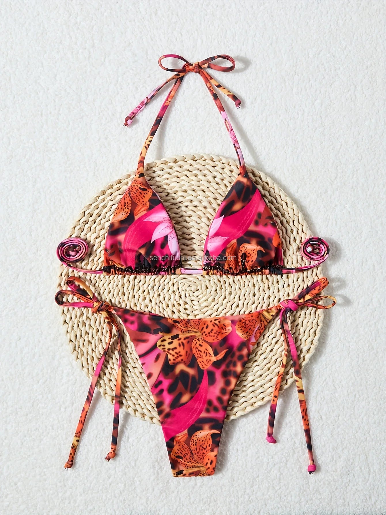 Playful Summer Neck Strap Two Piece Bikini Set With Graphic Print