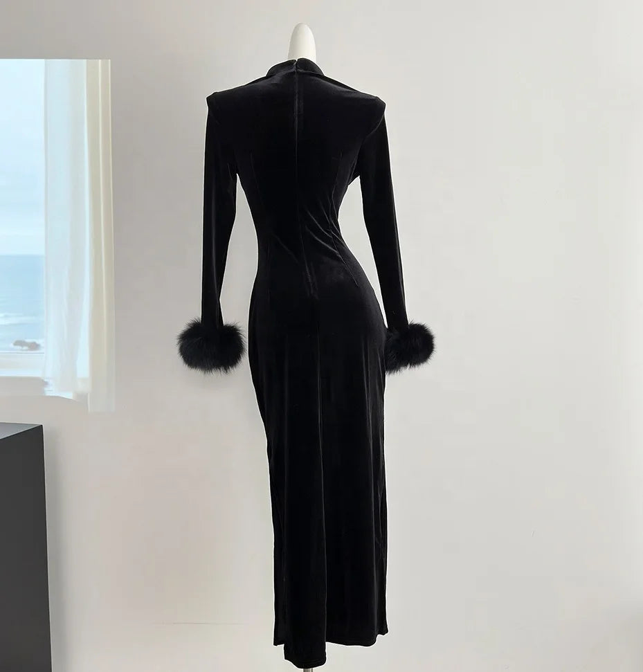 Velvet Cheongsam Dress With Embroidered Detailing And Fox Fur Trim In Gold Glow