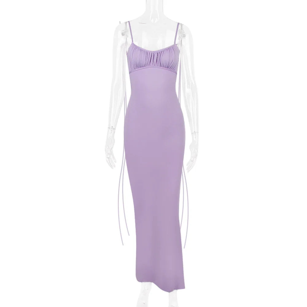 Backless Ruched Bodycon Pink V-Neck Strap Maxi Dress