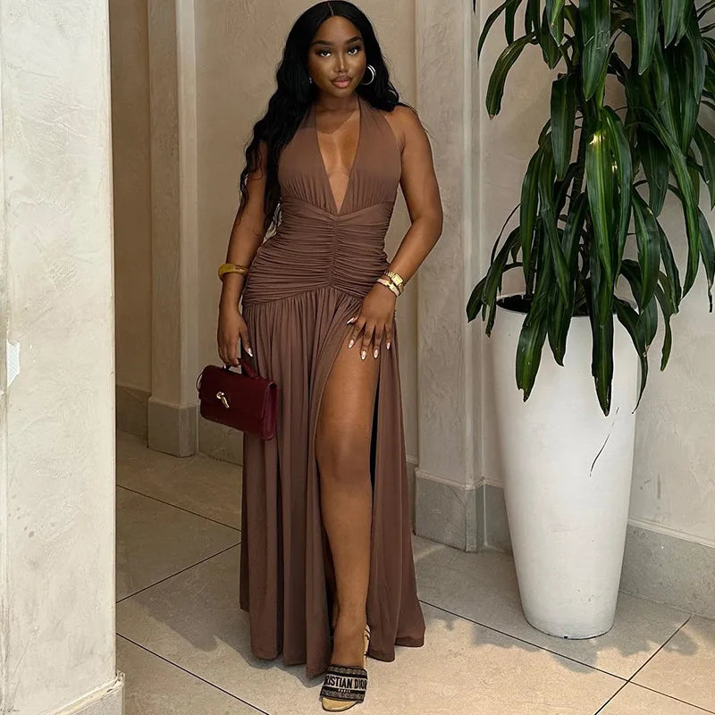 Lace Up Maxi Dress With Deep V Neck High Waist